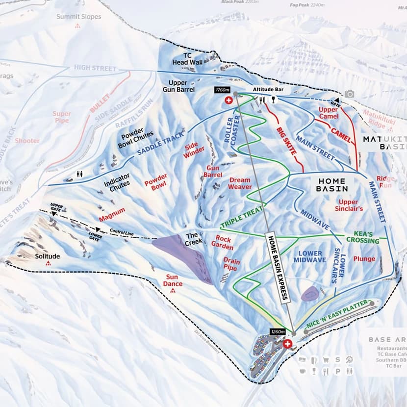 Trail Map for the Main Basin of Treble Cone Ski Resort.