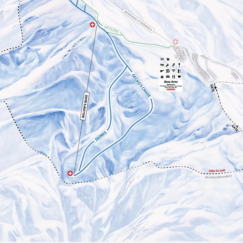 Trail Map for the Willows Basin of Cardrona Alpine Resort.