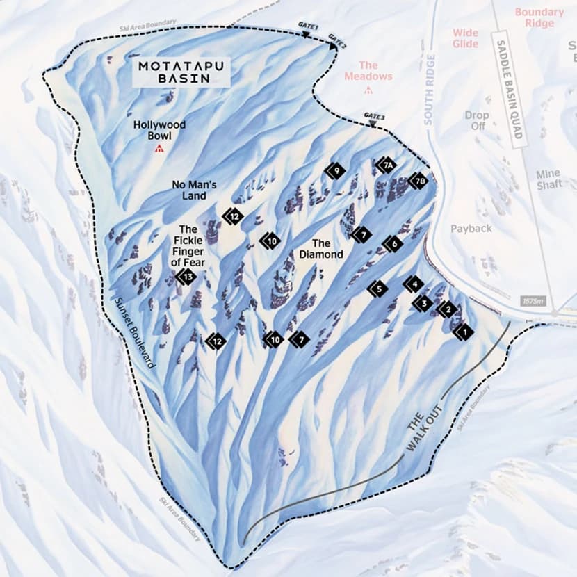 Trail Map for the Motatapu Basin of Treble Cone Ski Resort.