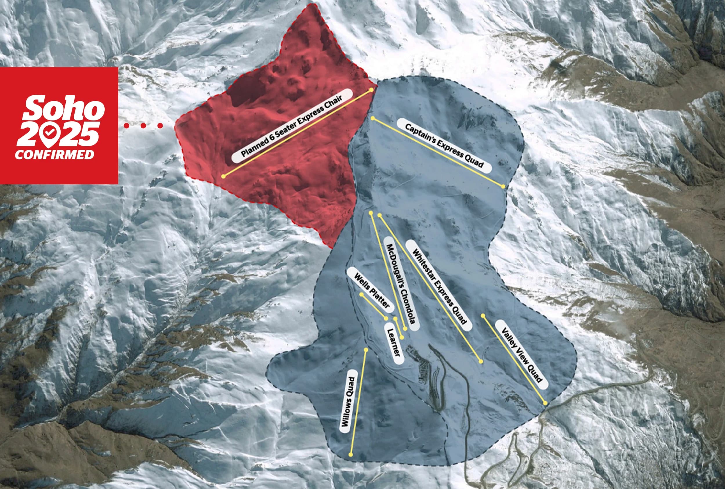 Map of Soho Basin at Cardrona Alpine Resort, detailing the expansion confirmed for 2025. The map highlights existing ski areas in blue, with the new expansion area marked in red. Annotations indicate planned infrastructure, including the new 6-seater express chairlift and existing chairlifts such as Captain's Express Quad and Whitestar Express Quad, providing a clear overview of the resort’s development plans.