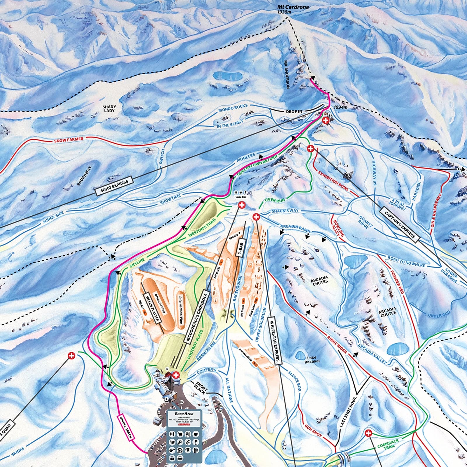 Trail map showing backcountry access at Cardrona Alpine Resort.