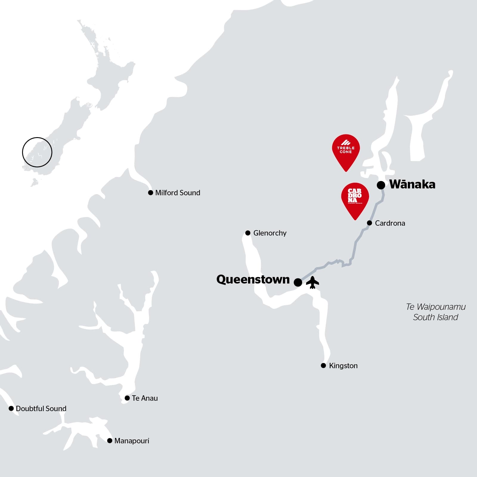 A simplified map of New Zealand’s South Island highlighting Queenstown, Wānaka, and the nearby ski areas of Treble Cone and Cardrona, marked with red icons.