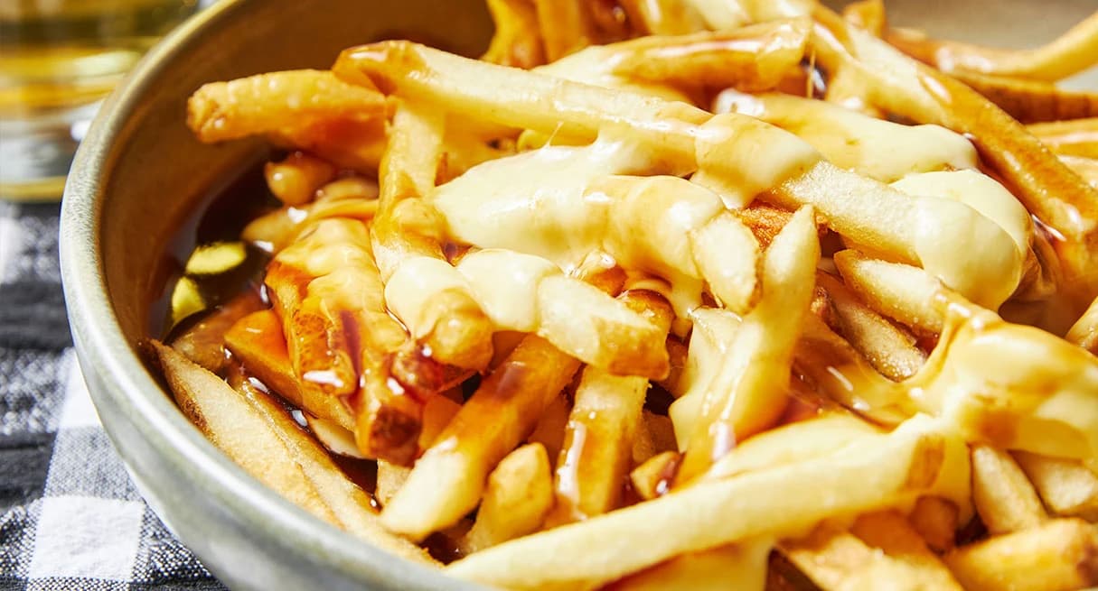 A bowl of fries with gravy and cheese on the top.