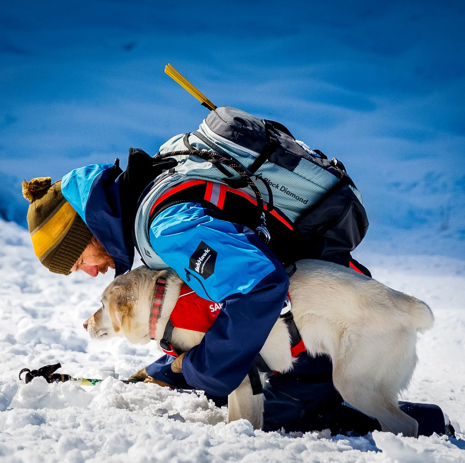 Avalanche rescue team member hugs a search dog in snow, both in gear; dog wears a red SAR vest, handler wears a blue jacket and backpack.