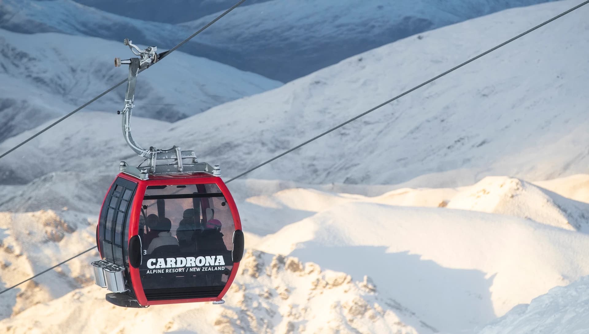 A gondola cabin takes customers to the top of the Cardrona ski field.