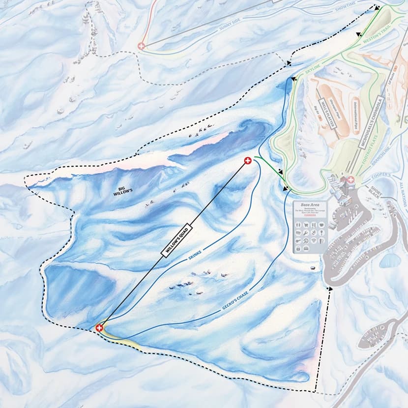 Trail Map for the Willows Basin of Cardrona Alpine Resort.