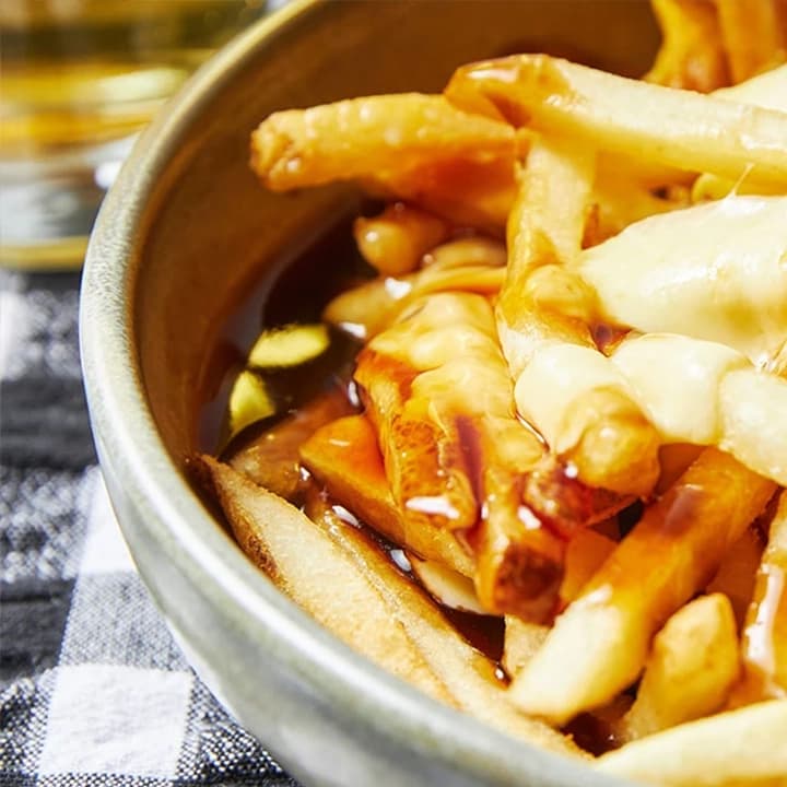 A bowl of fries with gravy and cheese on the top.
