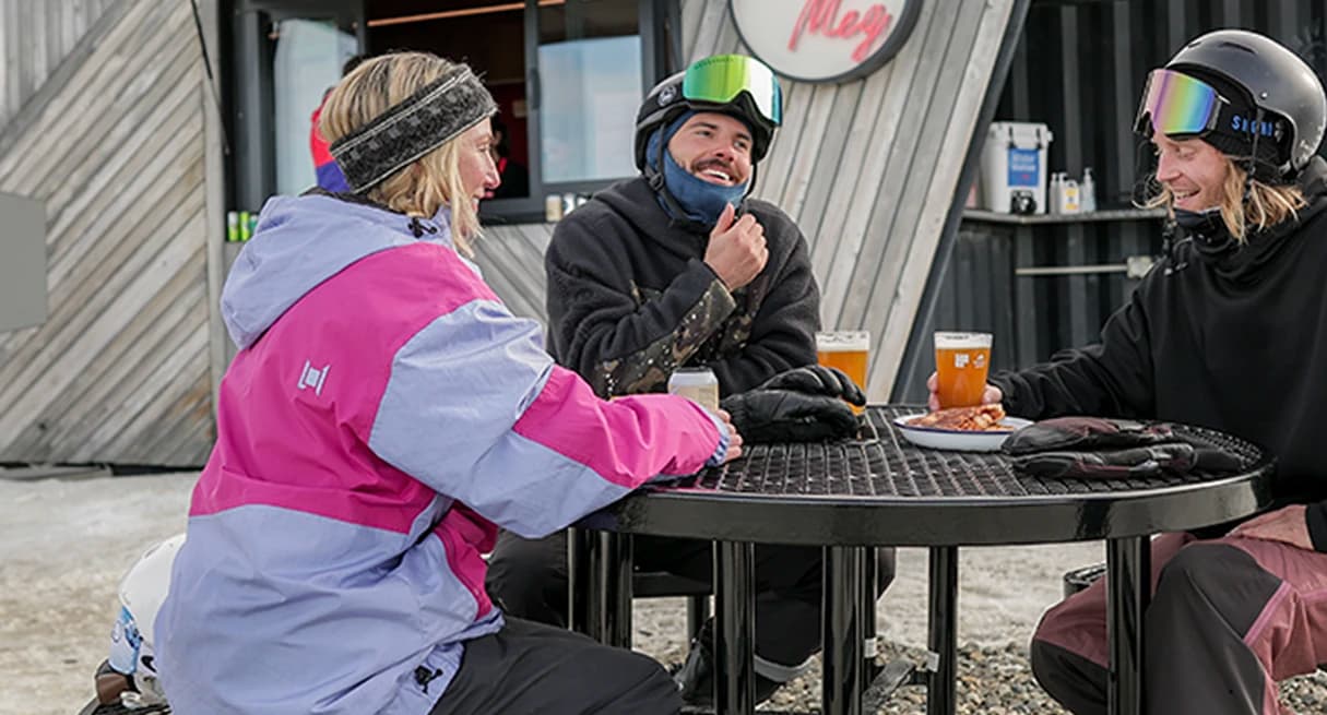 Three friends stop for some drinks at Lil Meg, Cardrona.