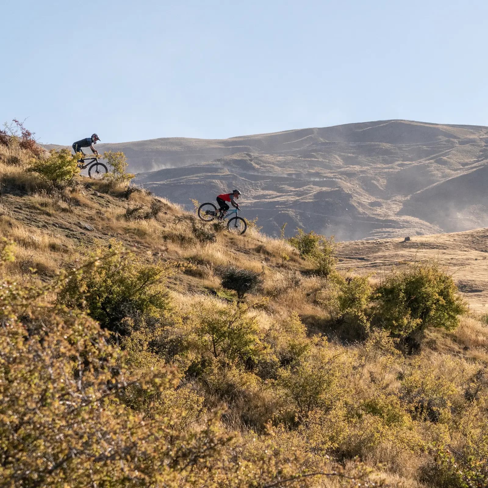 Two mountain bikers descend a steep, golden hillside trail surrounded by shrubs and dramatic alpine terrain under a clear blue sky.